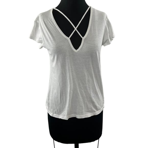 LNA White Cotton Crisscross Split V-Neck Short Sleeve Casual T-Shirt Top Size S - Picture 1 of 8